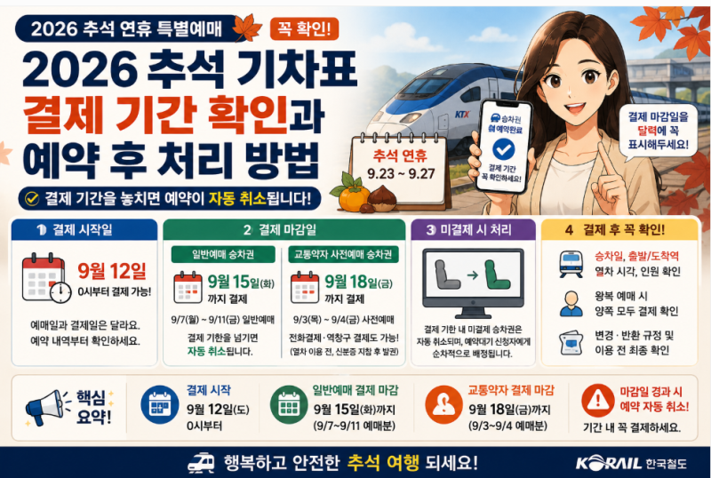 2026 추석 기차표 결제 기간 확인과 예약 후 처리 방법