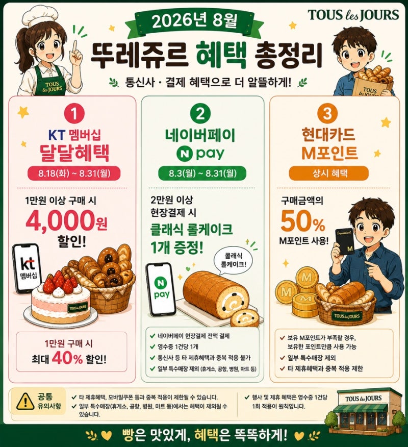2026년 8월 뚜레쥬르 할인 총정리｜KT • 네이버페이 롤케이크 • 현대카드 M