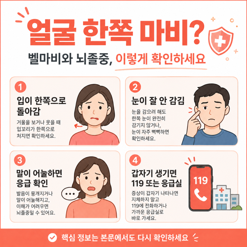 얼굴 한쪽 마비 입 돌아감, 벨마비와 뇌졸중 구분 신호