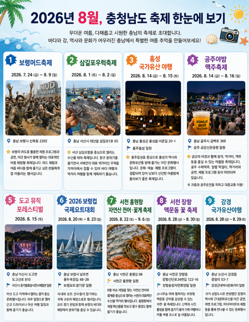 2026년 8월 충청남도 축제 총정리 / 충청남도 갈 만 한 곳! /충청남도 여행