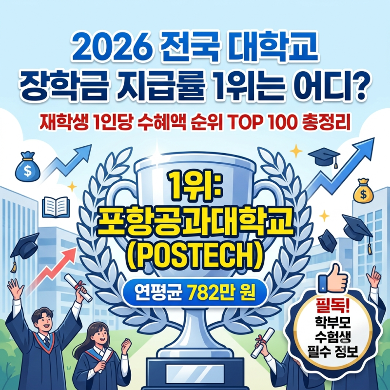 2026 전국 대학교 장학금 지급률 1위는 어디일까? (재학생 1인당 수혜액 순위 TOP 100 총정리)
