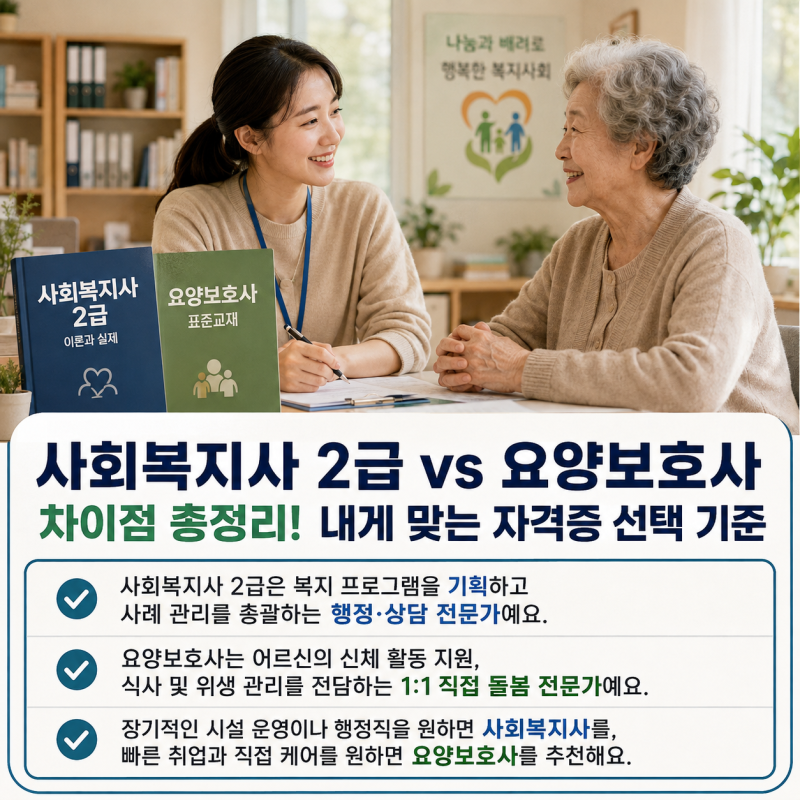 사회복지사 2급 vs 요양보호사 차이점 총정리! 내게 맞는 자격증 선택 기준