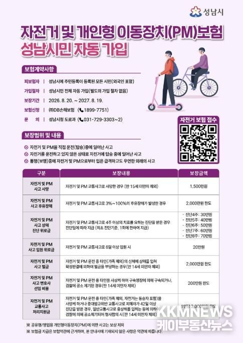 성남시, 전 시민 자전거·개인형 이동장치(PM) 보험 갱신
