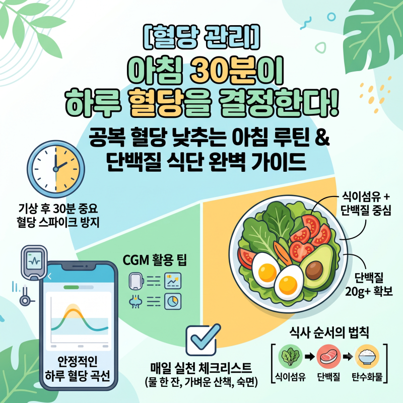 공복 혈당 낮추기: 아침 30분 습관 10가지와 식후 혈당 잡는 단백질 식단 총정리