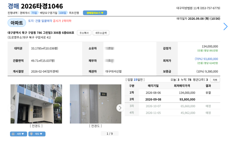 대구 북구 구암동 그린빌3단지 경매 1억3400만원 아파트가 9380만원? 2026타경1046 권리분석 사진 3
