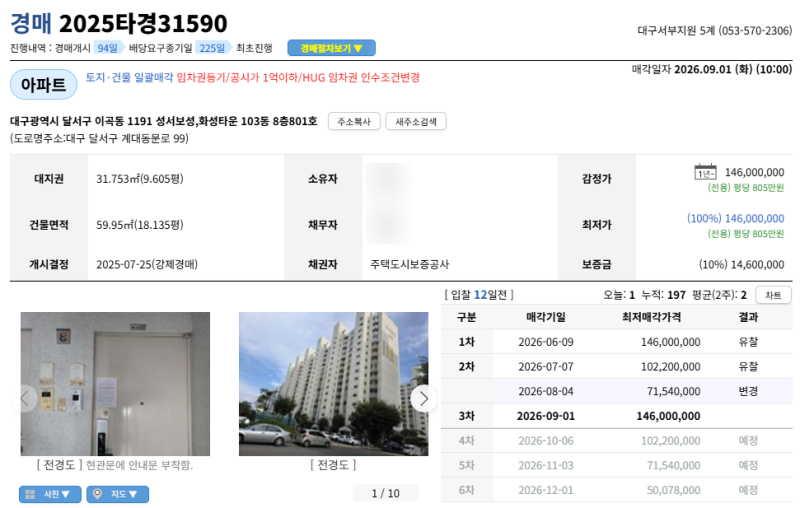대구 달서구 이곡동 성서보성화성타운 경매 아파트 HUG 대항력포기 후 얼마까지 써도 될까?2025타경31590 사진 3