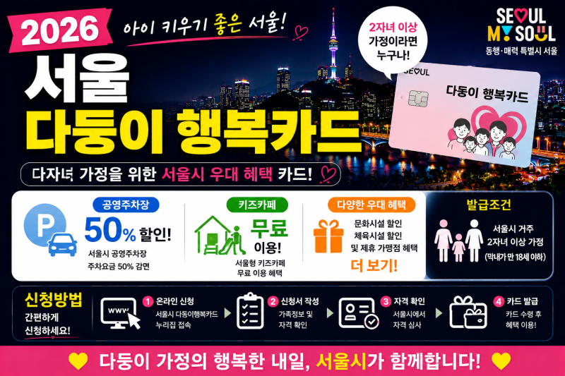 2026 서울 다둥이 행복카드｜2자녀 발급조건·공영주차장 50%·키즈카페 무료