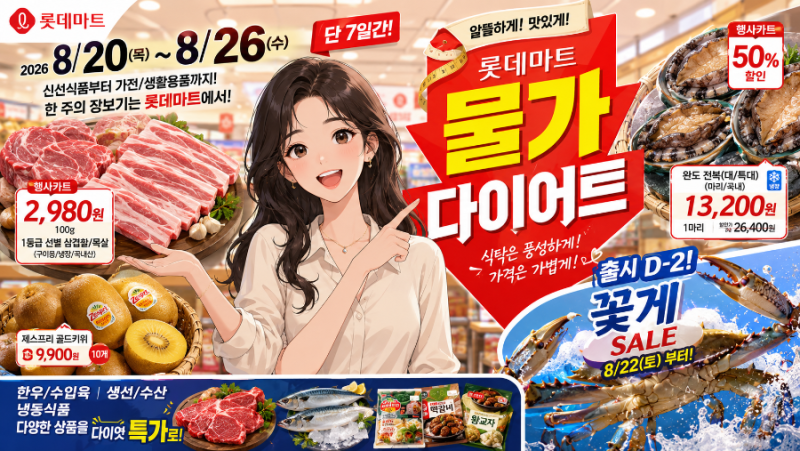 롯데마트 8월 할인 전단 떴다, 삼겹살 2,980원·전복 반값에 22일 꽃게까지 나온다