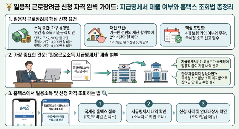 일용직 근로장려금 신청 자격 완벽 가이드: 지급명세서 제출 여부와 홈택스 조회법 총정리