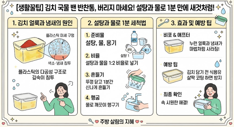 [생활꿀팁] 김치 국물 밴 반찬통, 버리지 마세요! 설탕과 물로 1분 만에 새것처럼 되돌리는 법