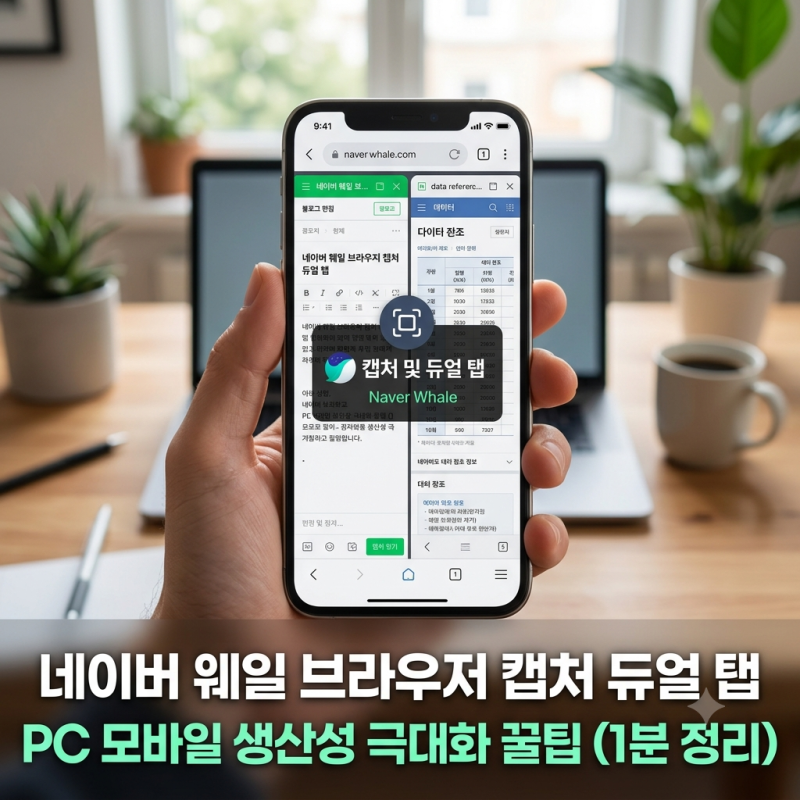 네이버 웨일 브라우저 캡처 및 듀얼 탭 활용법 1분 정리 (PC 모바일 생산성 극대화)