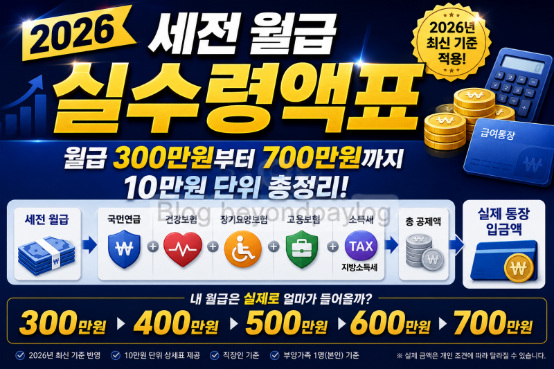 2026 월급 실수령액표｜월급 300·400·500·600·700만원 세후 얼마?