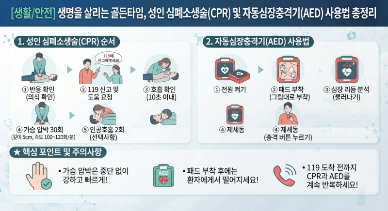 [생활/안전] 생명을 살리는 골든타임, 성인 심폐소생술(CPR) 및 자동심장충격기(AED) 사용법 총....