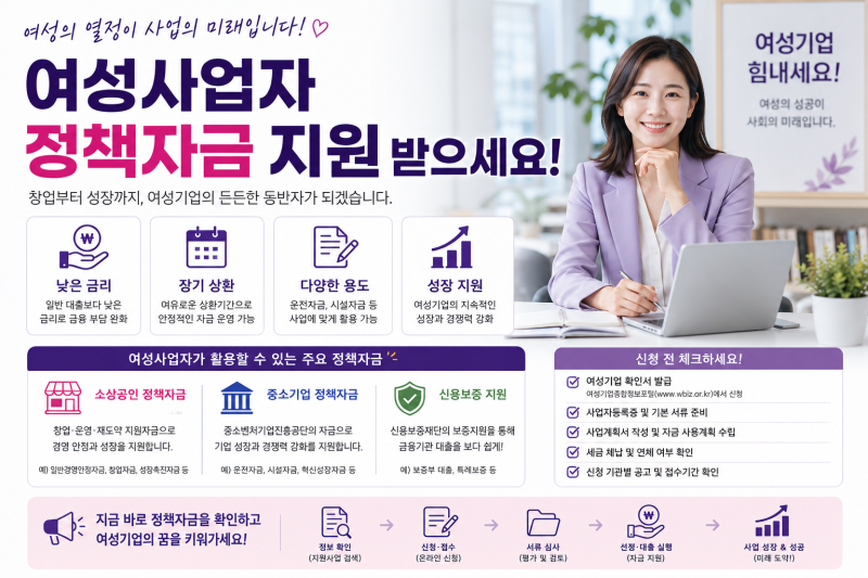 여성사업자 정책자금 총정리 2026｜여성기업이 받을 수 있는 정부지원자금 알아보기