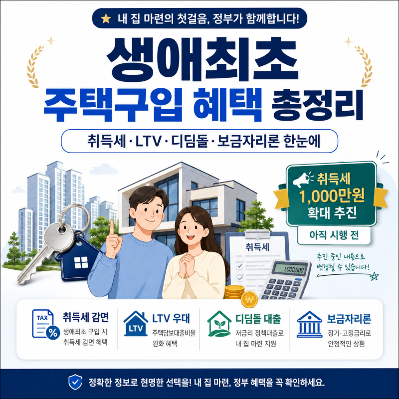 2026 생애최초 주택구입 혜택 총정리｜취득세 1,000만원 확대 추진·LTV·디딤돌·보금자리론까....
