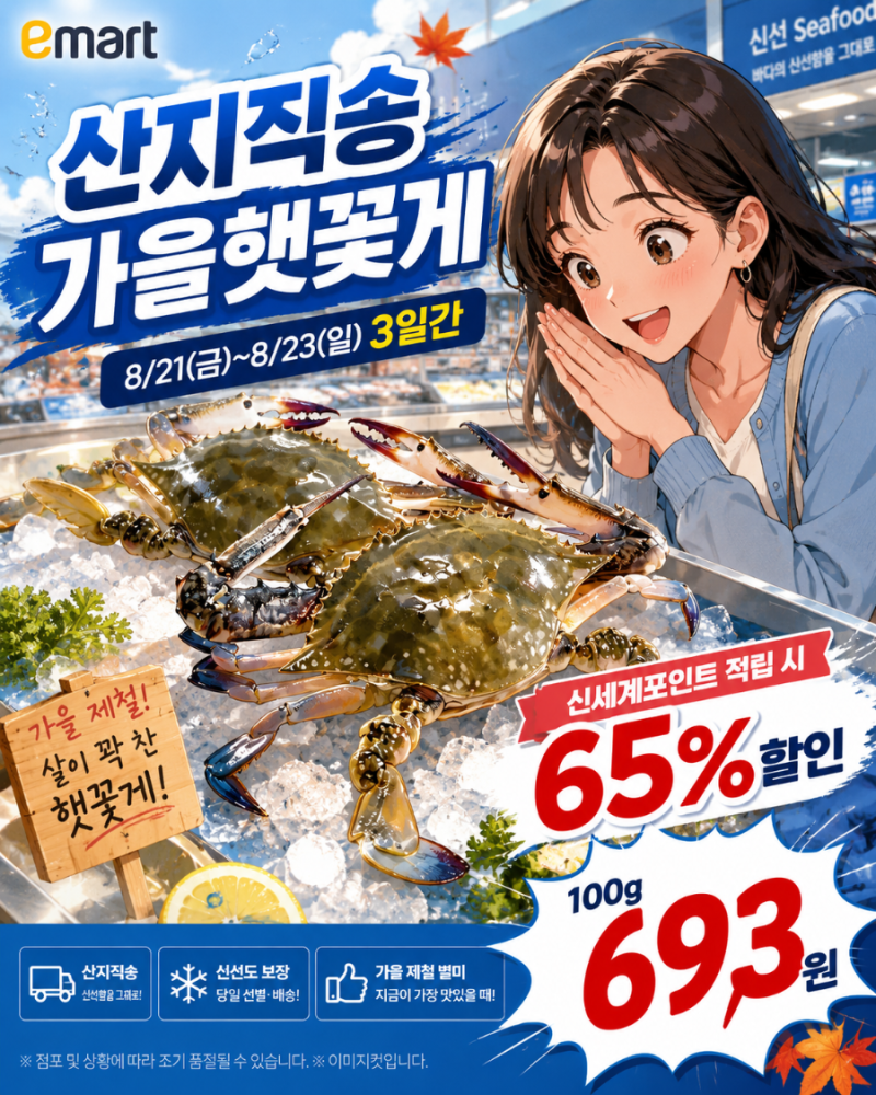 이마트 8월 넷째주 할인행사, 꽃게 693원부터 한우 50%·CJ 햇반 100원까지 장바구니 터진다