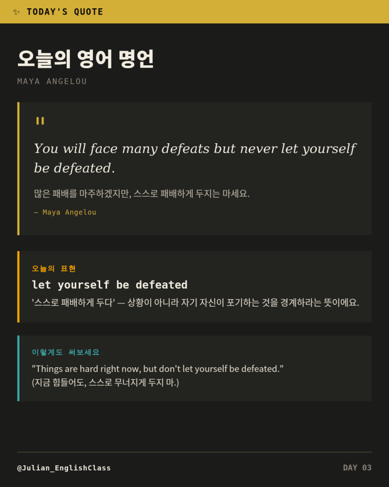 오늘의 영어 명언: 마야 안젤루 "You will face many defeats but never let yourself be defeated" 완전 정리