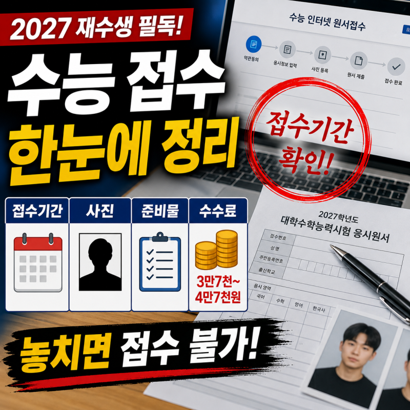 [수능 접수] 2027 재수생 필독! 접수기간·사진·준비물·수수료 3만7천~4만7천원까지 한눈에 정....