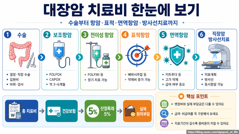 대장암 시리즈 9편 대장암 치료비 얼마나 들까?수술부터 항암·표적·면역항암까지 실제 비용....