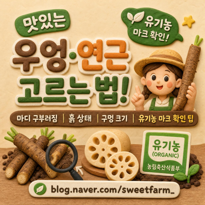 맛있는 우엉·연근 고르는 법! 마디 구부러짐·흙 상태·구멍 크기 & 유기농 마크 확인 팁