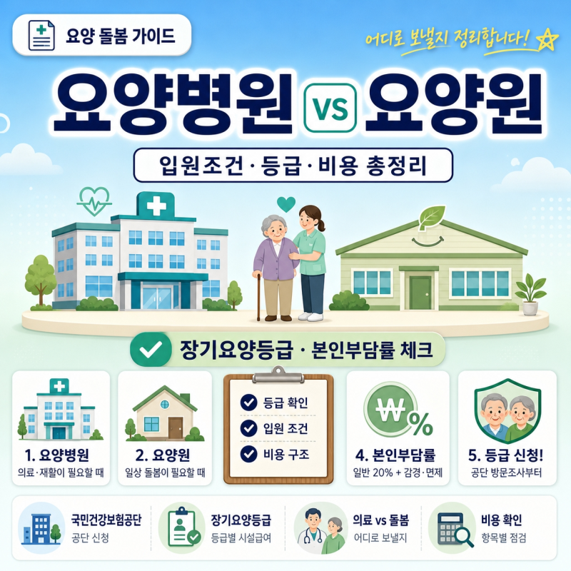 요양병원 요양원 차이와 비용｜장기요양등급·입원조건·본인부담금 정리