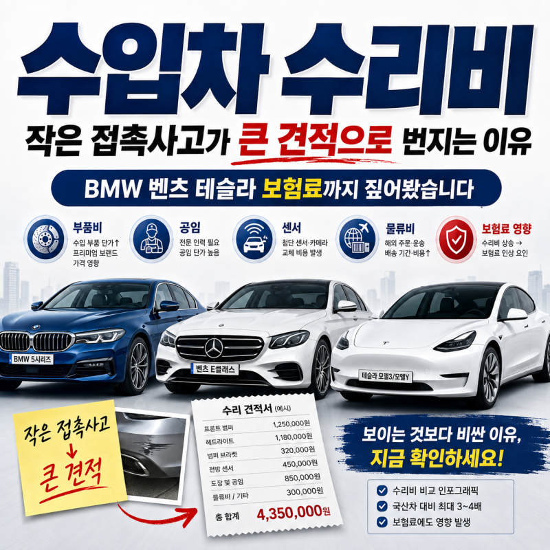 수입차 수리비 작은 접촉사고가 큰 견적으로 번지는 이유 BMW 벤츠테슬라 보험료까지 짚어봤....