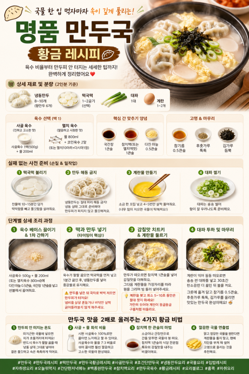 깊고 진한 국물에 속이 뻥 뚫리는 초간단 만두국 황금 레시피야! 1