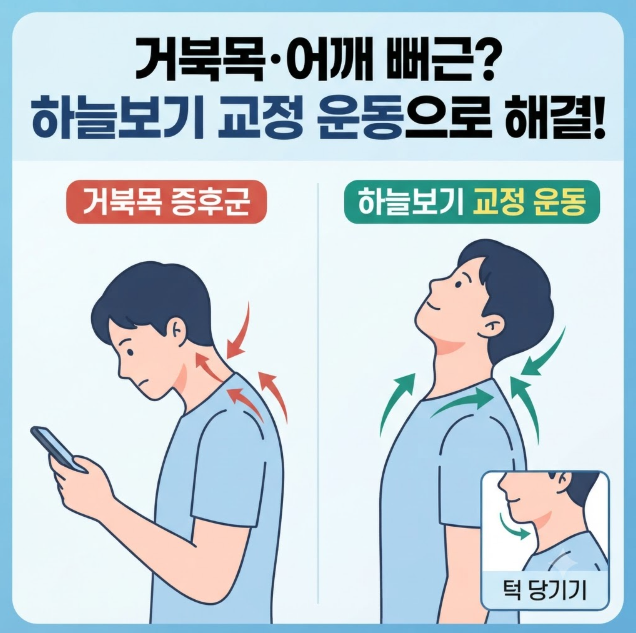 "목·어깨 뻐근하다면? 거북목 증상부터 하늘 보기 교정 운동까지"