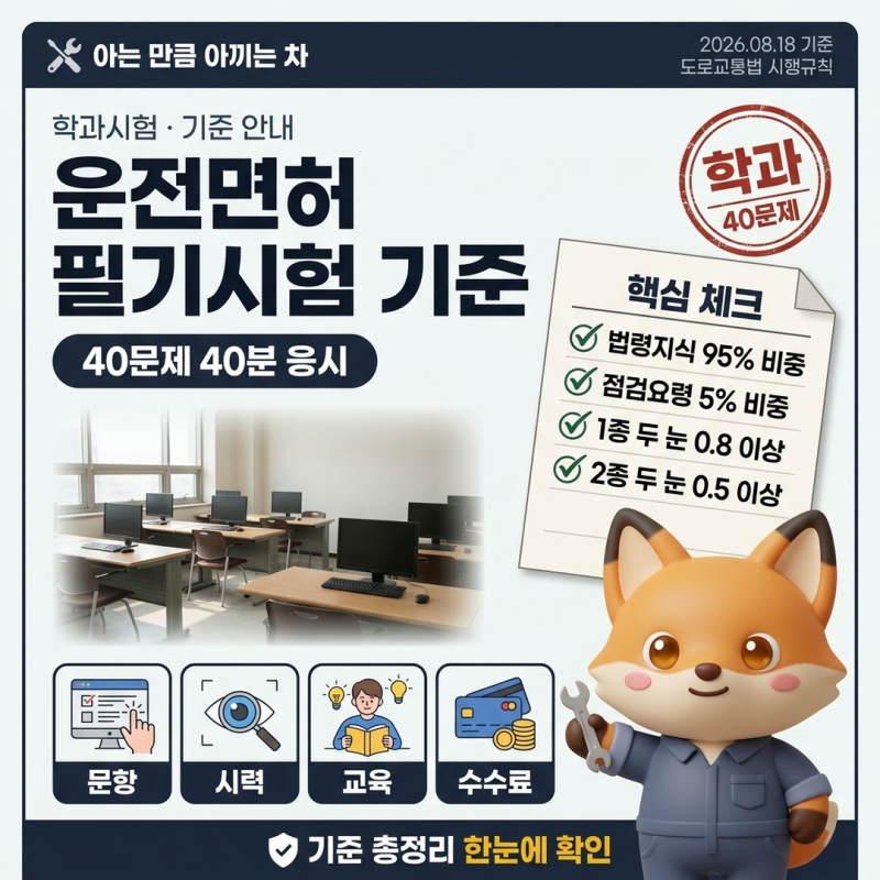 운전면허필기시험 40문제 40분 합격 기준 점수 수수료 준비물 정리