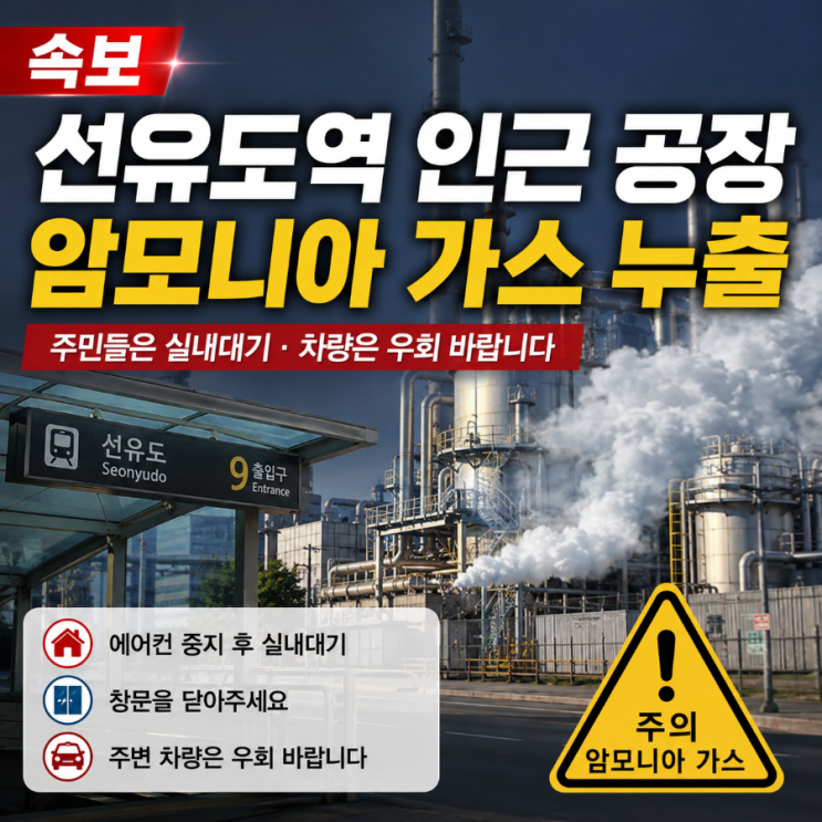 [속보] <b>선유도역</b> 인근 공장 <b>암모니아</b> 가스 <b>누출</b>…