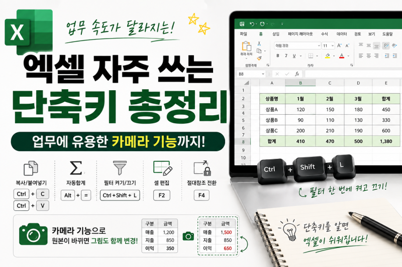 엑셀 자주 쓰는 단축키 총정리, 업무에 유용한 카메라 기능까지