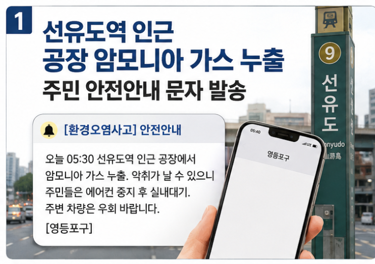 [속보]영등포구 <b>선유도역</b> 인근 공장에서 <b>암모니아</b> 가스가 <b>누출</b>