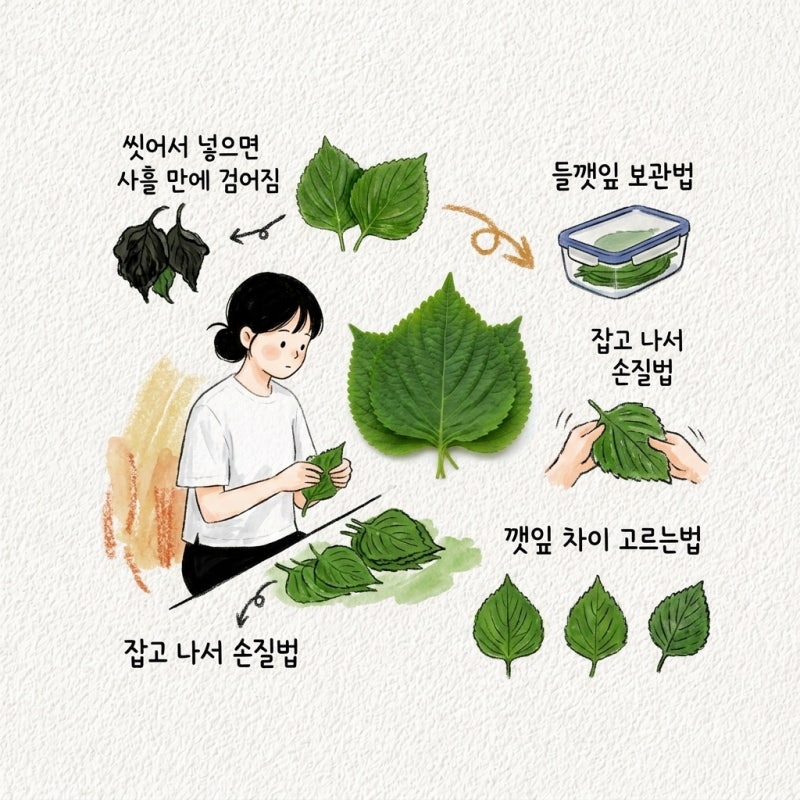 씻어서 넣으면 사흘 만에 검어짐 들깻잎 보관법 잡고 나서 손질법 깻잎 차이 고르는법