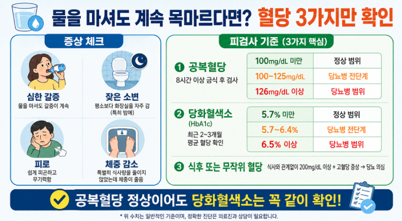 갈증이 너무 심해 물을 달고 산다면? 당뇨 초기증상, 피검사 수치는 이렇게 보세요