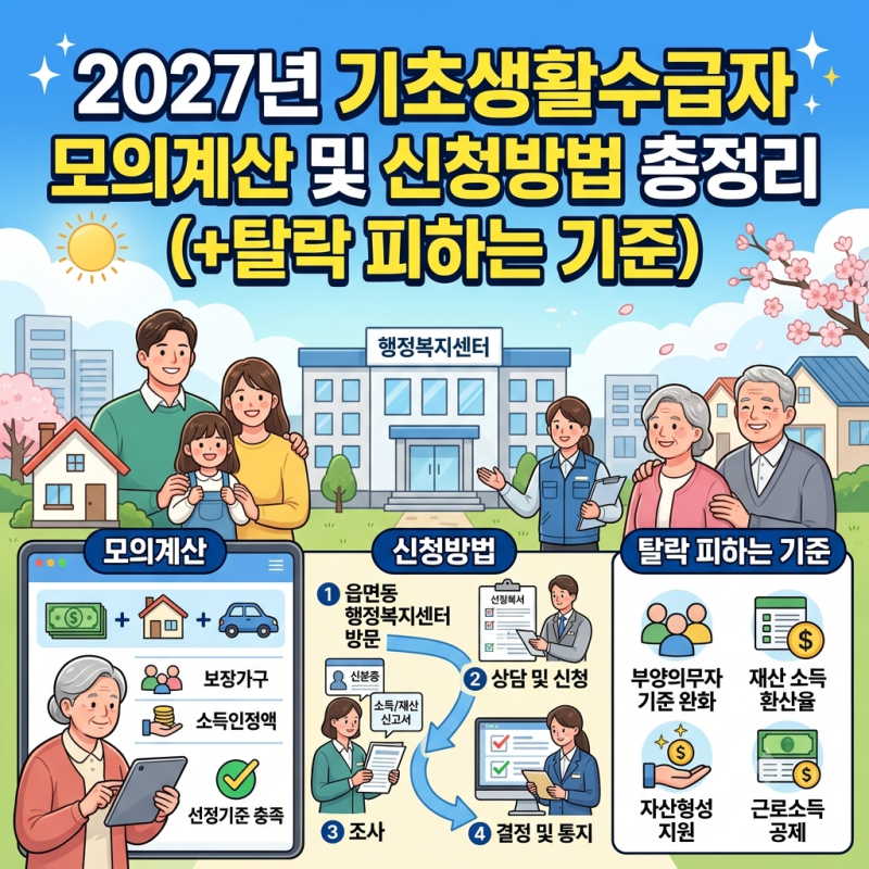 2027년 기초생활수급자 모의계산 및 신청방법 총정리 (+탈락 피하는 기준)