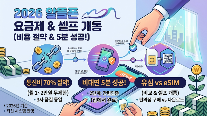 2026 알뜰폰 요금제 비교 및 셀프 개통 방법 (통화 무제한 1만원대 가성비 추천 및 유심 eSIM 꿀....