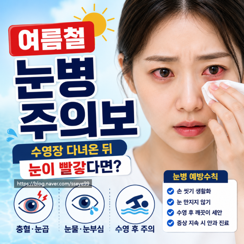 여름철 눈병 증상, 충혈·눈곱·눈부심이 생기는 이유와 예방법을 송탄성모안과에서 알려드....