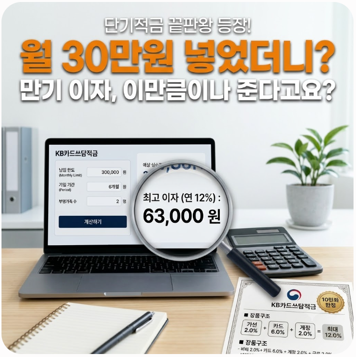 연 12% 국민은행 KB카드쓰담적금 월 30만원 납입 시 만기 이자 및 최종 수령액