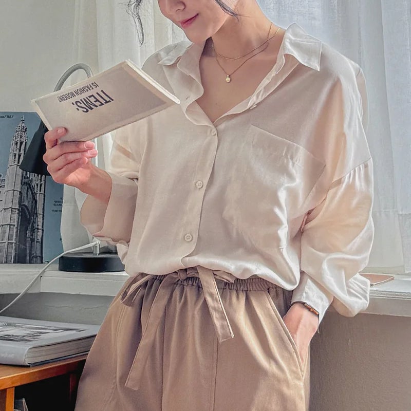 가을 원포켓 오버팟 카라 셔츠 블라우스 긴팔 무지 여성 빅사이즈