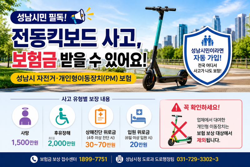 성남시민이라면 꼭 알아두세요! 자전거*전동킥보드 사고, 보험금 받을 수 있습니다.