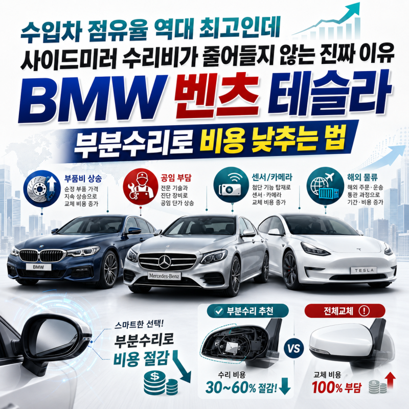 수입차 점유율 역대 최고인데 사이드미러 수리비가 줄어들지 않는 진짜 이유 BMW 벤츠 테슬라....