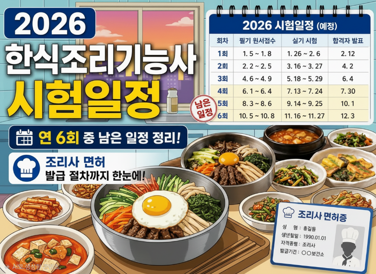 2026년 하반기 한식 조리기능사 시험일정및 접수방법, 실기시험 주요 출제메뉴및 감점요인