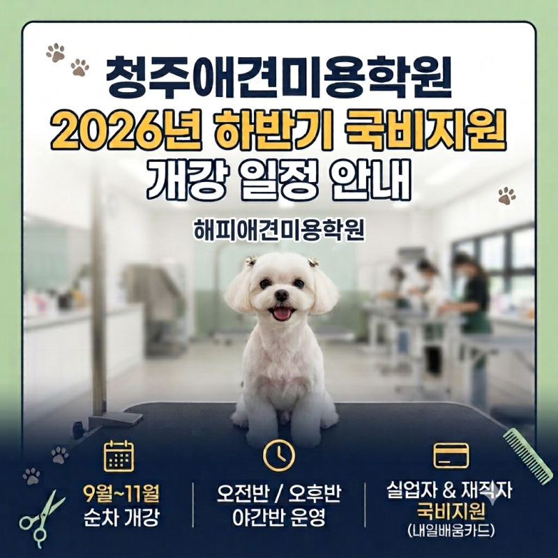 청주애견미용학원 해피애견미용학원 2026년 하반기 국비지원 개강 일정 안내 오전 오후 야간....