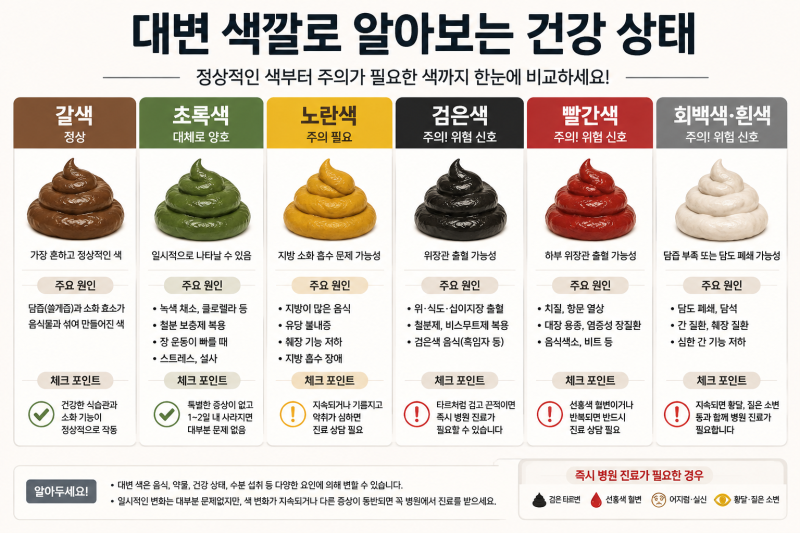 똥색깔로 알아보는 건강상태 총정리, 갈색은 정상일까? 초록색·노란색부터 검은색 혈변·빨....
