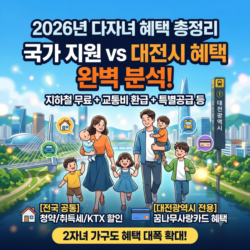 2026년 다자녀 혜택 완벽 정리 (국가 지원 vs 대전시 총정리)