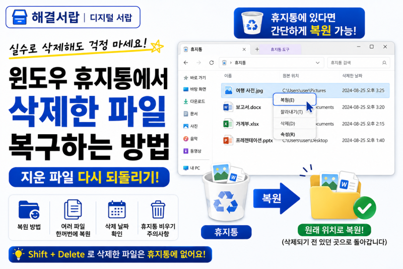 윈도우 휴지통에서 삭제한 파일 복구하는 방법｜지운 파일 다시 되돌리기