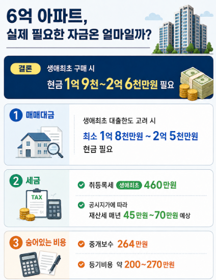 6억 아파트 매수, 현금 2억이면 될까? 생애최초 대출한도·취득세·중개보수 총정리