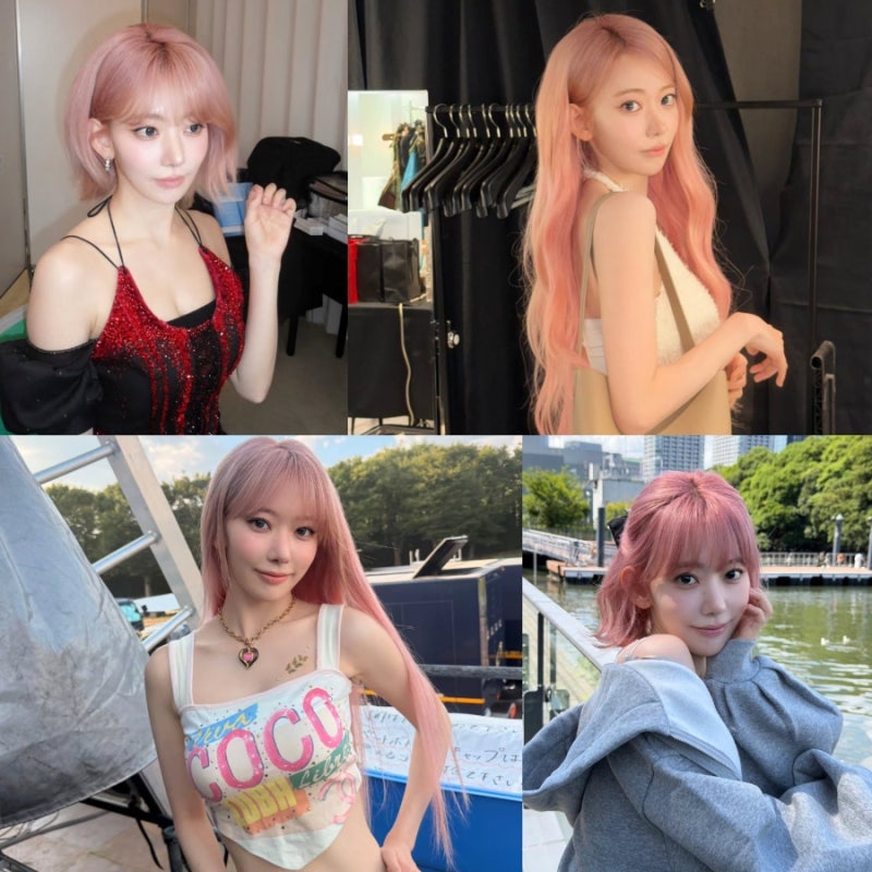 르세라핌 사쿠라 탈색머리 핑크염색 스타일 앞머리 단발 긴머리