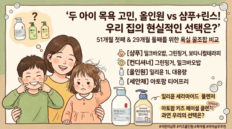 올인원 하나면 충분한 줄 알았는데… 둘째 머리가 자꾸 엉켜서 어린이 샴푸·린스 비교해봤....