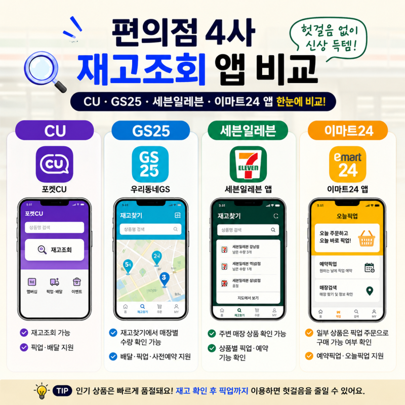편의점 재고조회 방법｜CU·GS25·세븐일레븐·이마트24 앱 비교